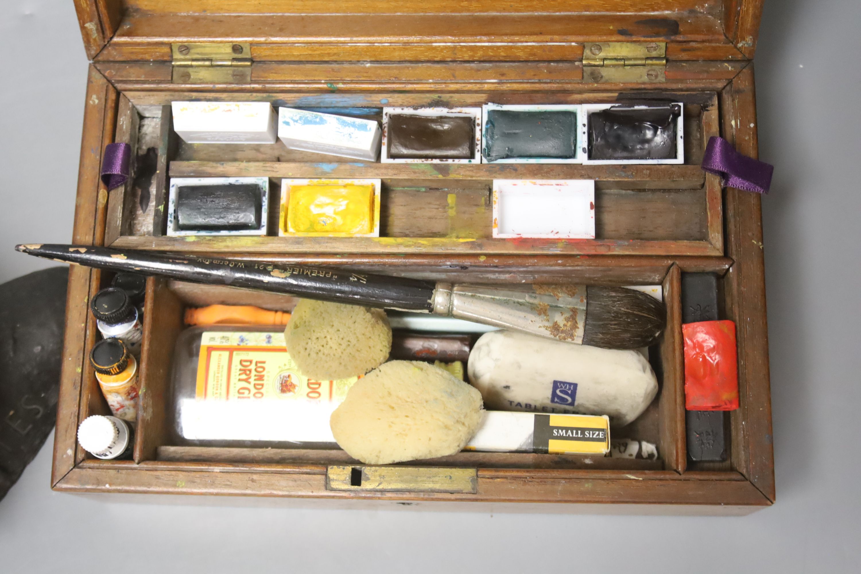 A Reeves & Sons mahogany paint box and a bronze portrait bust, Dante